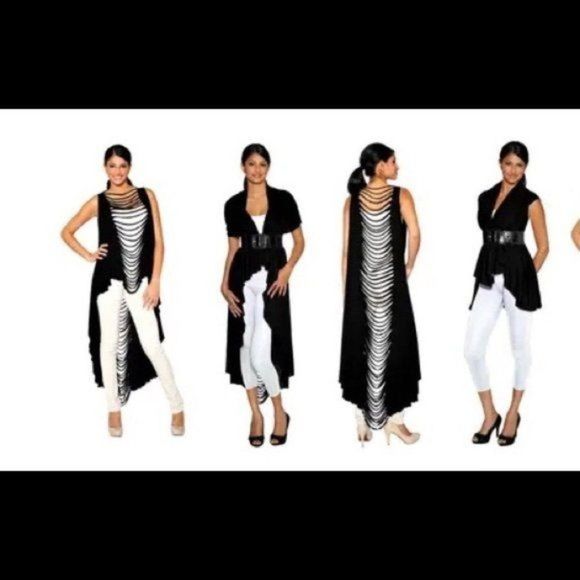 Black Stretch Knit Long Slit Detailed Convertible Shawl - Picture 5 of 7